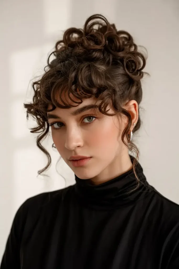 15 Baddie Curly Hairstyles to Try for Hot Curly Hair Looks 29 11. Curly Updo with Bangs