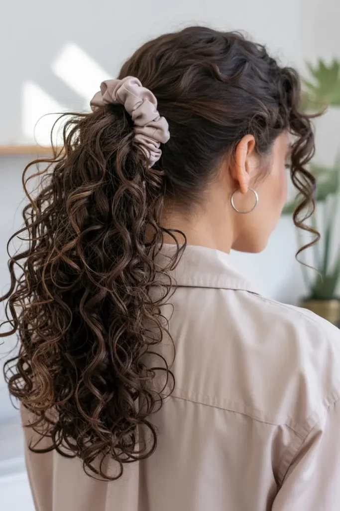 15 Baddie Curly Hairstyles for School to Try Today 37 15. Curly Hair with Scrunchie