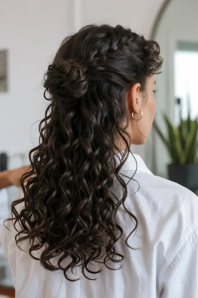 15 Baddie Curly Hairstyles for School to Try Today 5 3. Half Up Curly Bun