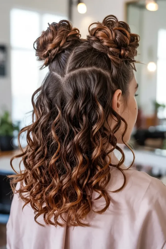 5. Curly Half Up Space Bun