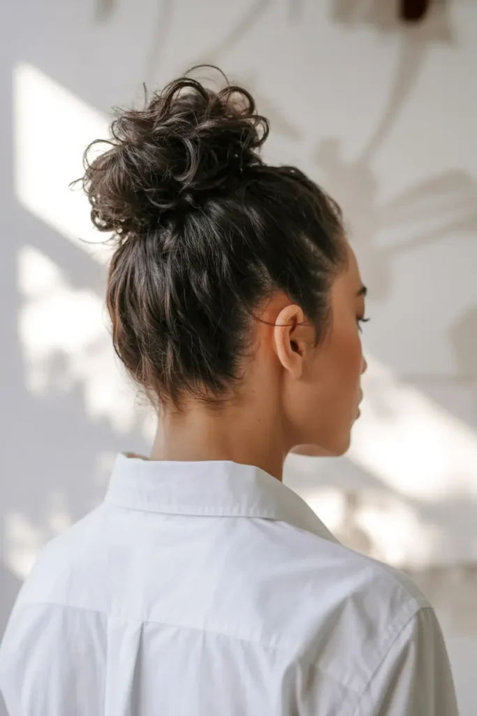 15 Baddie Curly Hairstyles for School to Try Today 9 5. Curly Top Knot