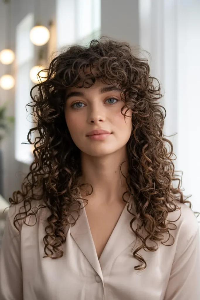7. Long Curly Hair with Bangs